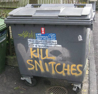 KILL SNITCHES graffiti tag on trashcan in zurich switzerland 2014