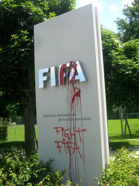  FIFA sign in zurich switzerland after color bomb attack on FIFA world headquarters in zurich  on june 14 2014