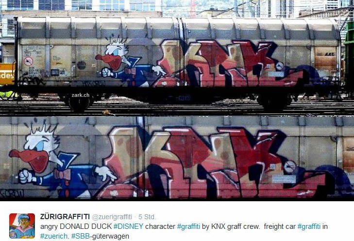 DISNEY DONALD DUCK freight car graffiti zuerich. SBB-gterwagen graffiti mit donald duck. gemalt von KNX graffiti crew