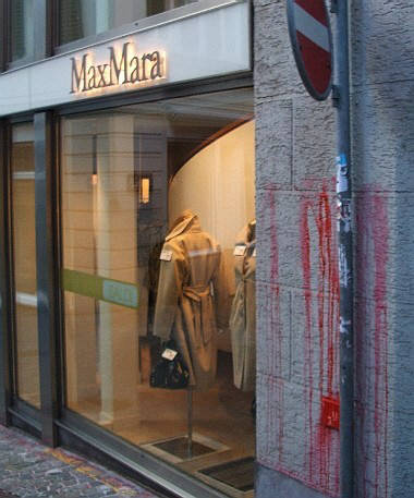 color bomb attack on max mara boutique in zurich switzerland, january 2009. max mara fashion group sells fur-lined clothes