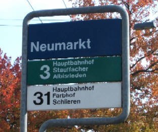 Tramhaltestelle Neumarkt. Bushaltestelle Neumarkt Zrich. Hier halten das 3er Tram und der 31er Bus der VBZ Zri-Linie. Tramhaltestellen in Zrich.